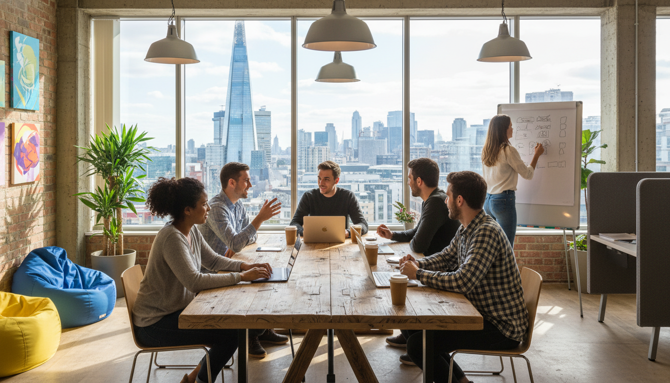 A vibrant, high-energy workspace in London with a view of the Shard through the window, featuring a diverse group of young entrepreneurs collaborating around a wooden table with laptops and coffee.