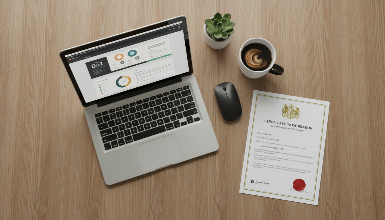 A flat-lay photo of a modern desk with a MacBook, a cup of coffee, and a physical UK 'Certificate of Incorporation' document neatly placed on the side, looking professional and official.