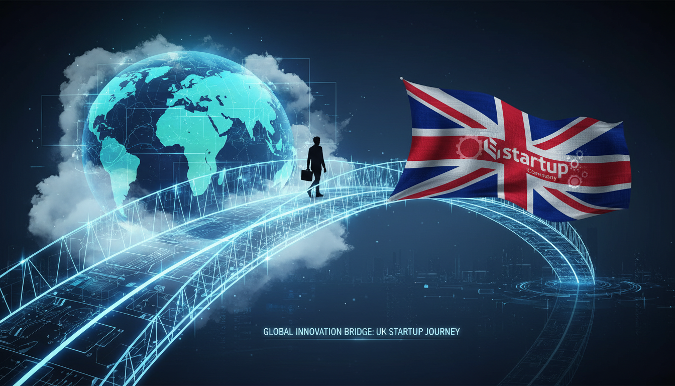 A digital conceptual illustration showing a bridge connecting a world map to a British Union Jack flag, symbolizing the journey of an international entrepreneur moving to the UK to start a startup.