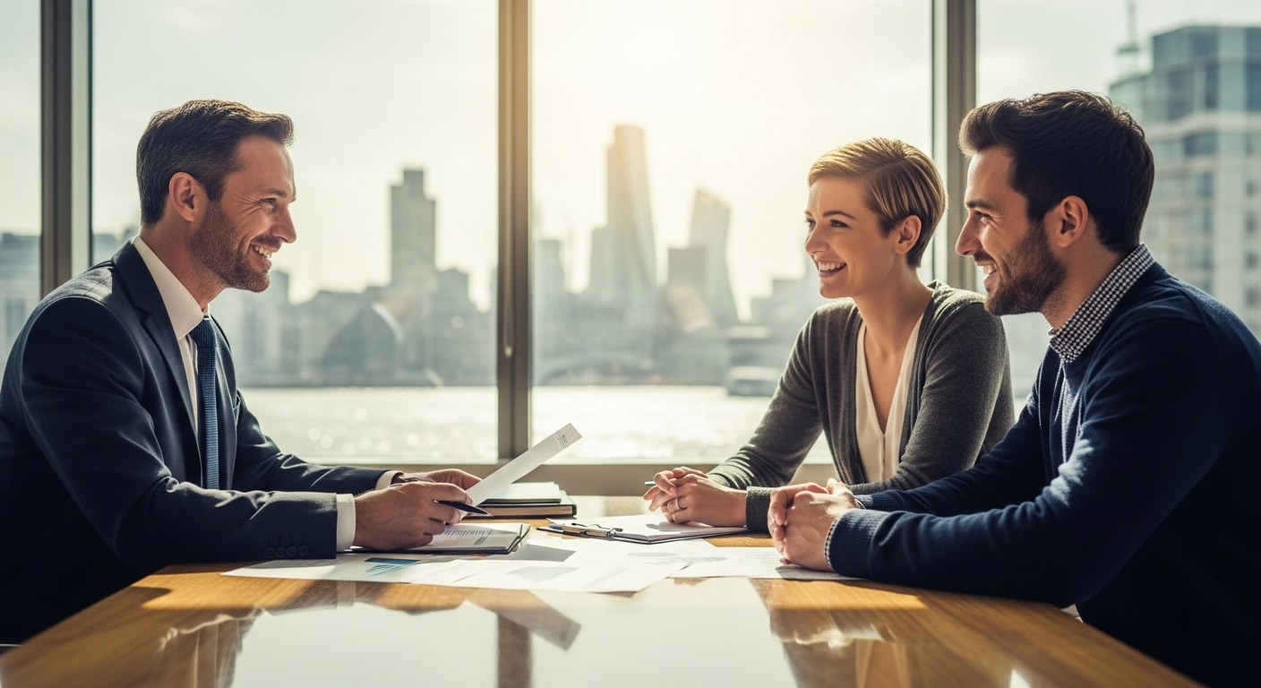 A professional consultant sitting with an expat couple in a bright London office, looking at documents and smiling, cinematic lighting, high quality photography.