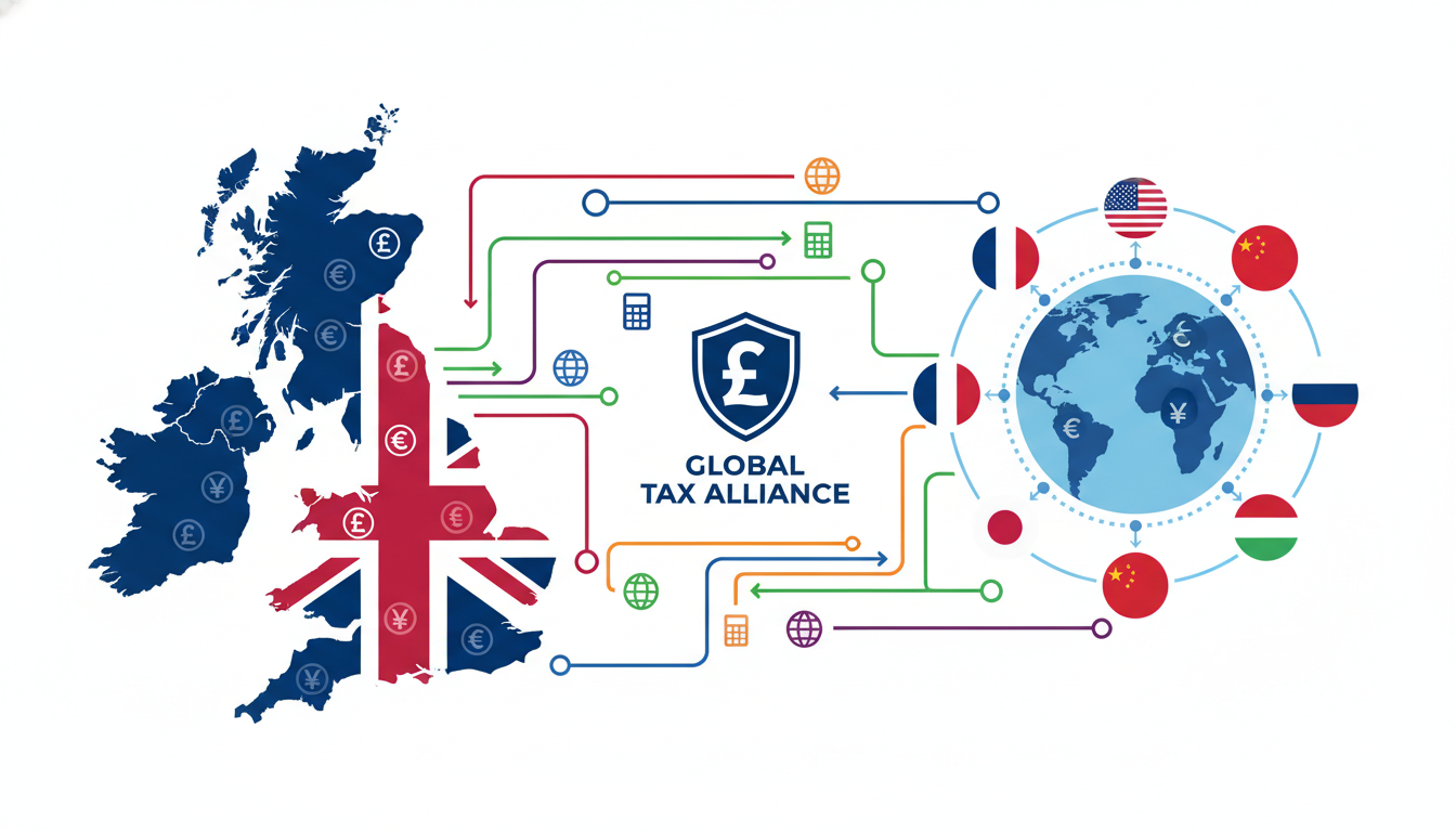 A digital illustration showing the connection between the UK and international flags with tax symbols like pound signs and globes, modern flat design, vibrant corporate colors.