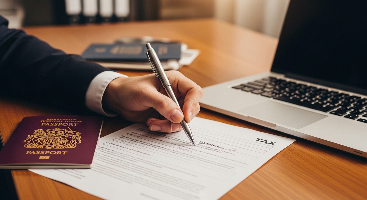 A close-up of a hand signing a tax document with a British passport and a laptop nearby, warm and professional atmosphere, soft focus background.