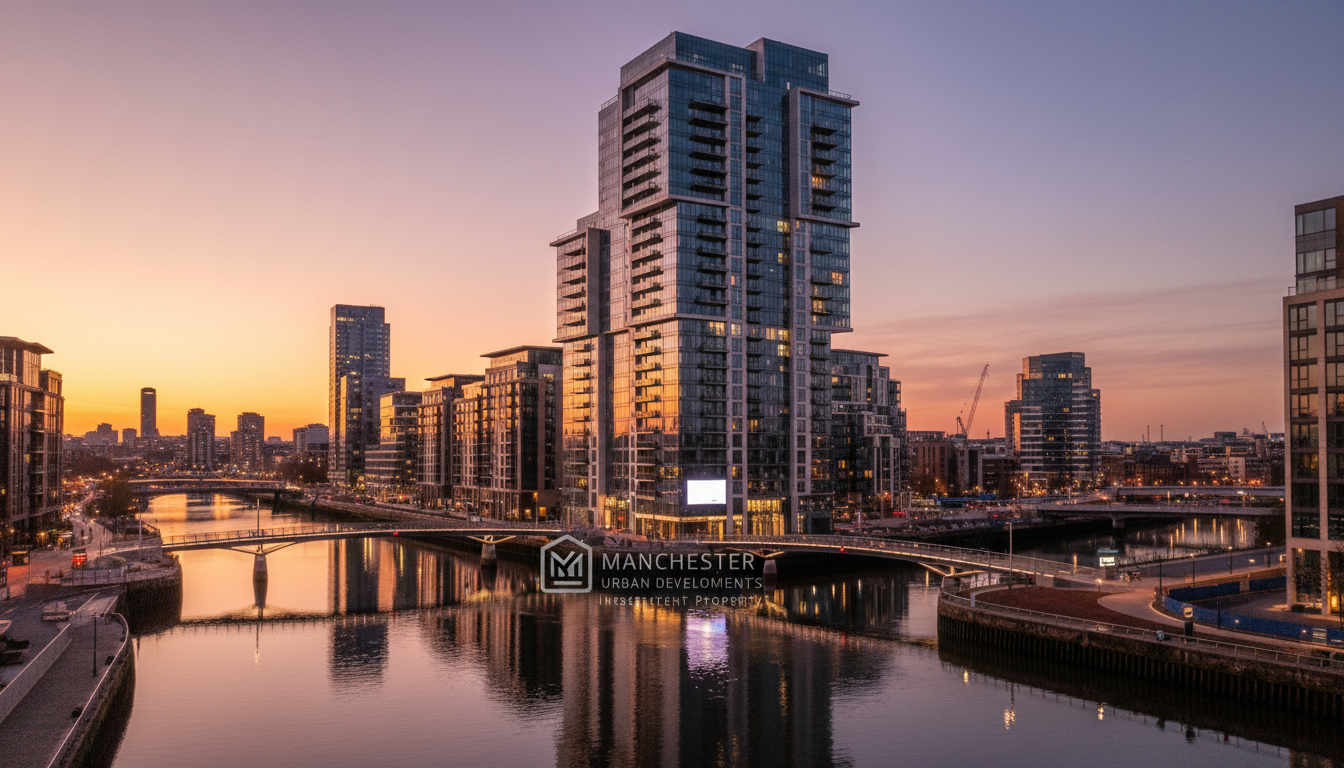 A modern, high-rise luxury apartment building in Manchester reflecting off the river at sunset, symbolizing urban growth and investment property.