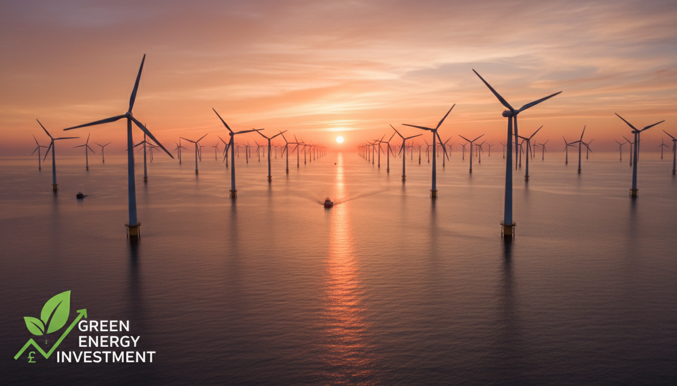 A wide-angle shot of a massive offshore wind farm in the UK North Sea, with the sun setting over a calm ocean, symbolizing sustainable and green energy investment.