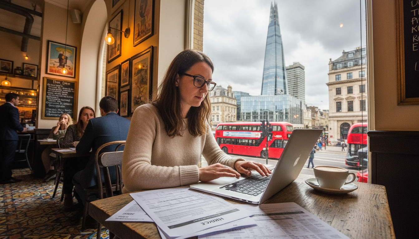 A focused expat sitting in a vibrant London cafe, working on a laptop with a view of the Shard through the window, surrounded by tax documents and a latte.