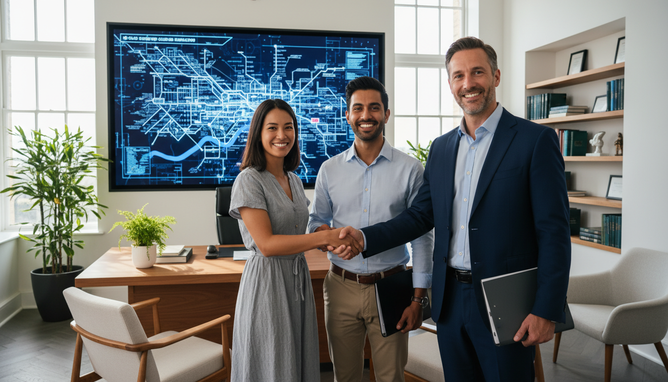 A professional, friendly UK accountant in a bright, modern office shaking hands with a happy expat couple, with a digital city map of London in the background.