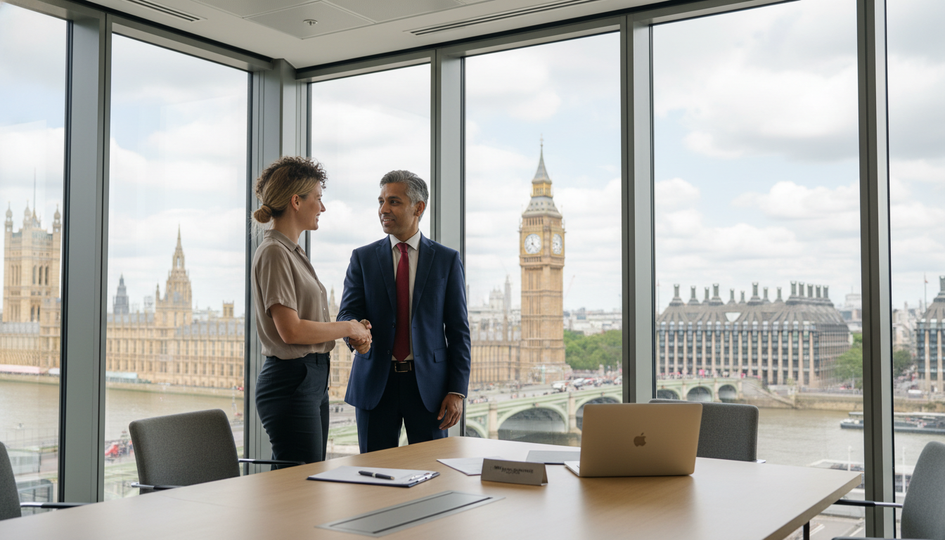 A professional UK immigration lawyer shaking hands with a smiling expat couple in a modern London office with the Big Ben visible through the window.