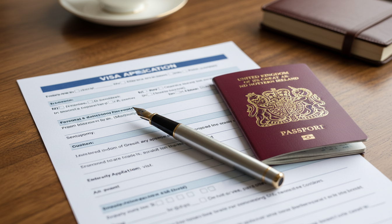 A close-up of a UK visa application form on a wooden desk with a British passport and a luxury pen.