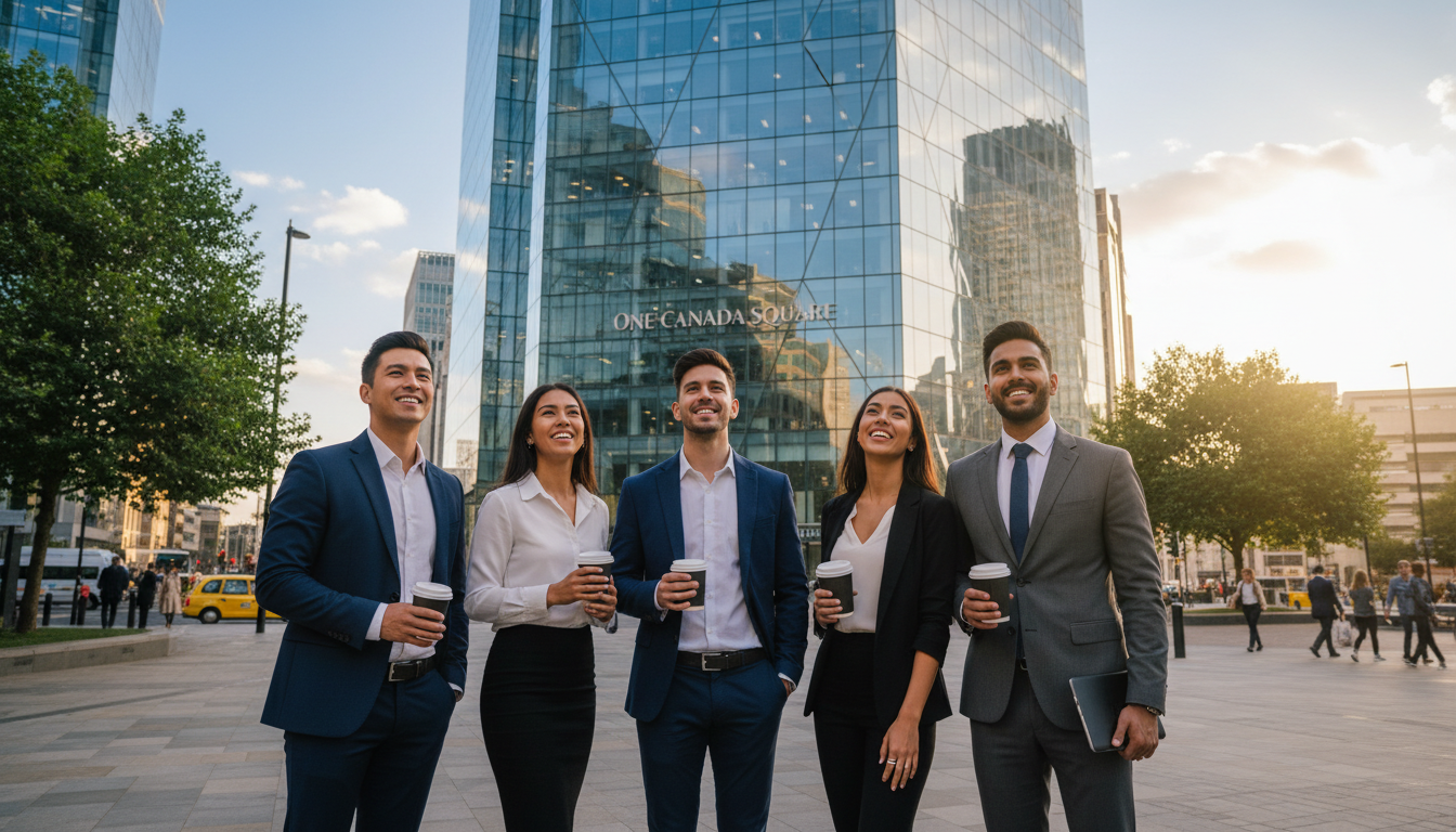 A diverse group of young professionals standing in front of a modern glass office building in Canary Wharf, London, looking optimistic.