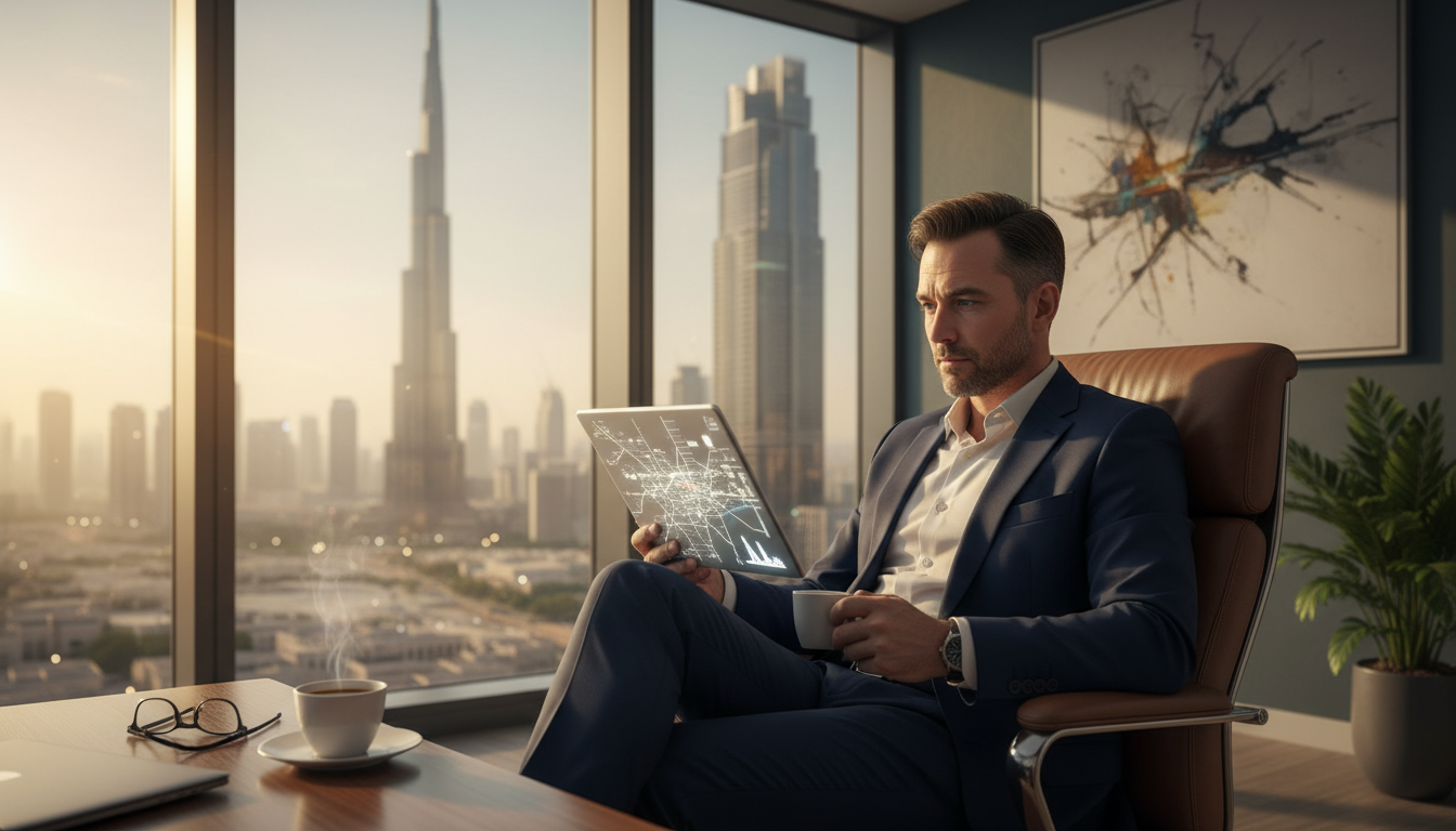 A professional expat sitting in a modern high-rise office in Dubai or Singapore, looking at a digital map of London on a tablet with a cup of coffee nearby, warm cinematic lighting.