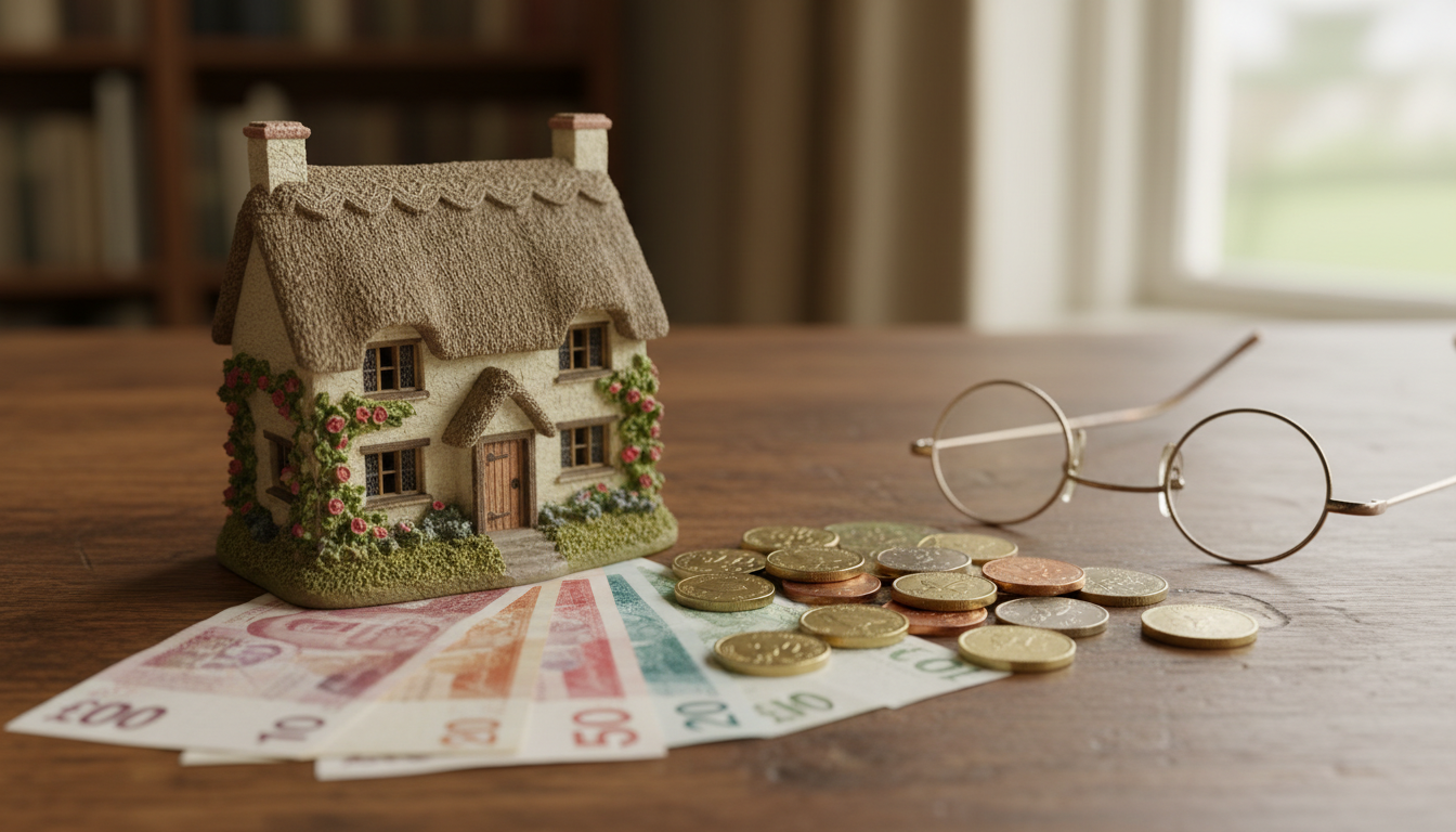 A collection of British pound notes and coins next to a miniature model of a classic English cottage, set on a wooden desk with a pair of spectacles, 4k resolution.