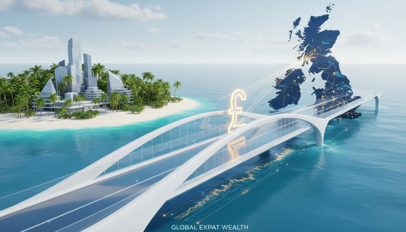 A conceptual 3D illustration of a bridge connecting a tropical island to a silhouette of the UK mainland, symbolizing the financial link for expats, clean and modern style.