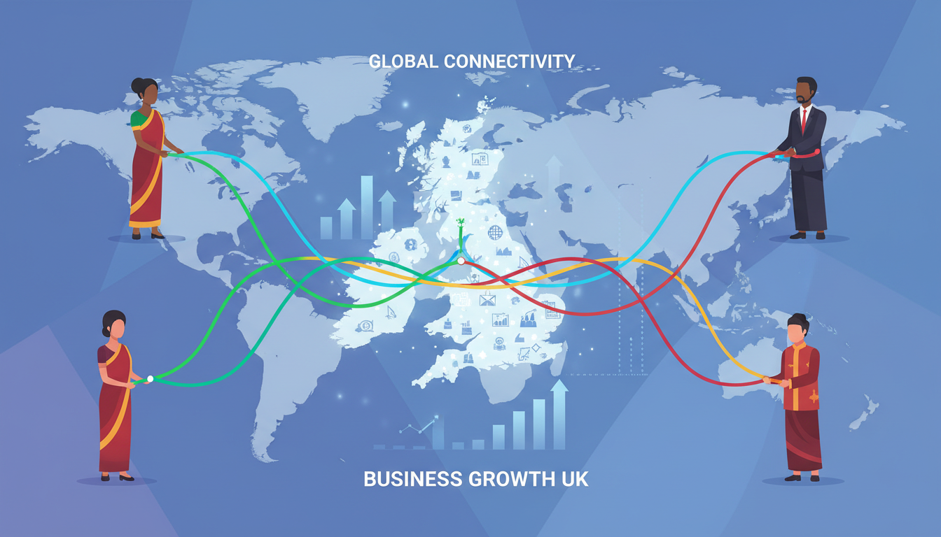 A vibrant, flat vector illustration showing a diverse group of international entrepreneurs connecting digital lines to a central United Kingdom map, symbolizing global connectivity and business growth.