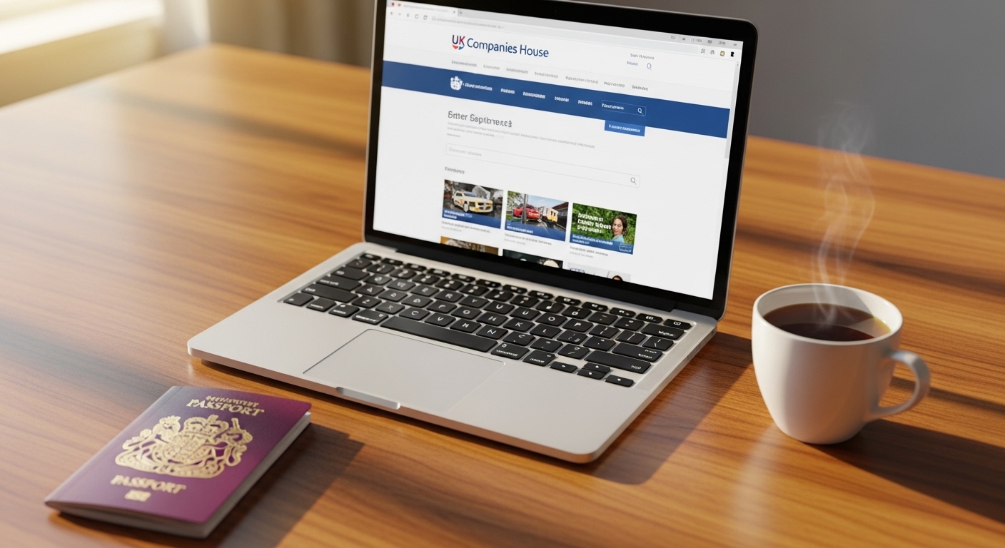 A high-quality photo of a modern laptop on a wooden desk showing the UK Companies House website, with a British passport and a cup of tea nearby, soft morning sunlight.