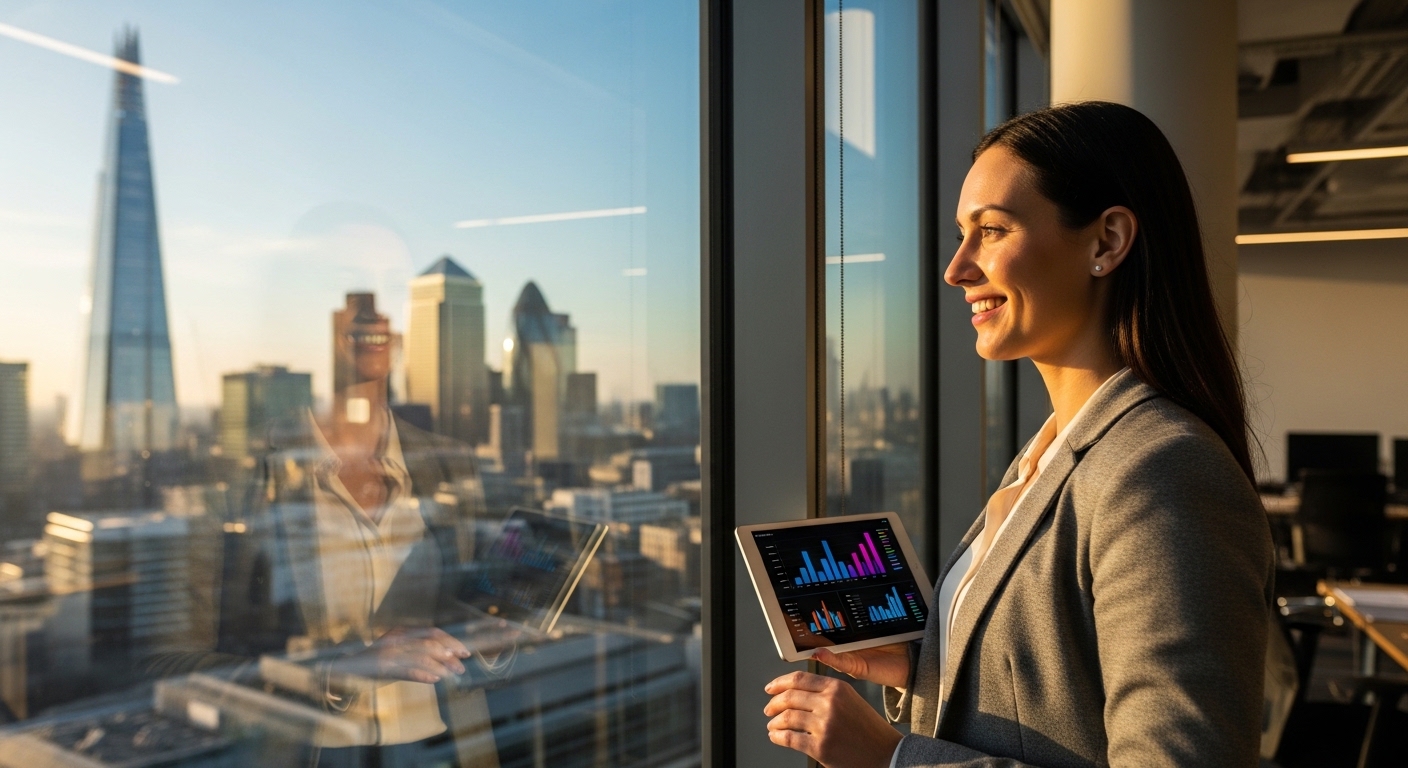 A professional expat smiling while looking at the London skyline from a modern office building, holding a digital tablet with charts.