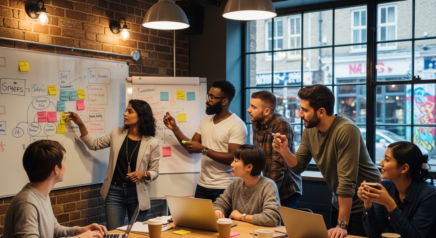 A diverse group of entrepreneurs in a cozy, modern co-working space in Shoreditch, London, brainstorming on a whiteboard with sticky notes.